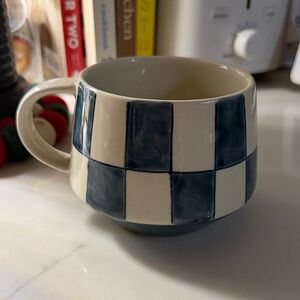 Anthropologie Navy and Cream Checkered Mug